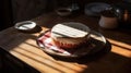 Advertising lifestyle shot of cake with icing on wooden table decorated. Play of light and shadow