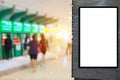 Advertising light box for your text message or media content with blurred view of people withdraw money from ATM in shopping mall Royalty Free Stock Photo