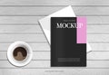 Advertising Magazine, Flyer Mockup With Top View Of Coffee Cup On Gray Wooden Background