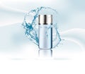 Advertising magazine page,Splash of water,realistic transparent blue glass package for cosmetic products tube,perfume