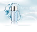 Advertising magazine page,Splash of water,realistic transparent blue glass package for cosmetic products tube,perfume