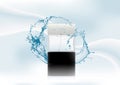 Advertising magazine page,Splash of water.Realistic transparent flacon with black lid for cosmetic product,perfume