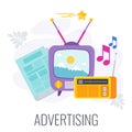 Advertising marketing icon. TV, ragio and newspaper.