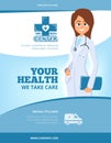 Advertising medical flyer. Brochure cover layout design with female doctor in cartoon style health poster or vector