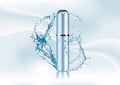 Advertising page of the magazine. Splash of water,empty realistic blue metallic package for cosmetic products tube