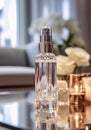 Advertising photo of face serum bottle with space for text on a glass table in a luxury living room, close-up. Generative AI Royalty Free Stock Photo