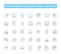 Advertising planning and analysis linear icons set. Strategy, Targeting, Analytics, Metrics, Research, Budgeting