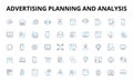 Advertising planning and analysis linear icons set. Strategy, Targeting, Analytics, Metrics, Research, Budgeting