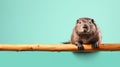 Advertising Portrait, Banner, Adult Brown Beaver Holding Onto A Branch, Looks Straight, Isolated On Light Blue