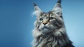 Advertising portrait, banner, adult gorgeous gray maine coon looks to the left, on blue neutral background