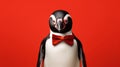 Advertising portrait, banner, funny black-white pinguin with red bow tie, isolated on red background