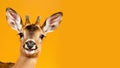 Advertising portrait, banner, funny cheerful roe deer with raised ears, black nose and horns, isolated on yellow neutral