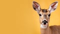 Advertising portrait, banner, funny cheerful roe deer with raised ears and black nose, isolated on yellow neutral