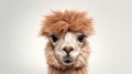 Advertising portrait, banner, funny classic alpaca with nice haircut, looks straight, isolated on gray background