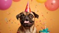 Advertising portrait, banner, funny happy birthday dog with open mouth and a red cap, isolated on redyellow background Royalty Free Stock Photo