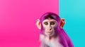 Advertising portrait, banner, funny monkey looks straight, isolated on pink-blue background Royalty Free Stock Photo