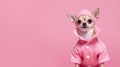 Advertising portrait, banner, interested looking chihuahua dog dressed in a pink barbie outfit, isolated on pink
