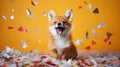 Advertising portrait, banner, little happy redhead fox, smiles and confetti, isolated on yellow background