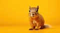 Advertising portrait, banner, redhead squirrel looks at the camera in surprise, isolated on yellow background