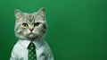 Advertising portrait, banner, serious cute gray color cat boss looks straight with yellow eyes, isolated on clean green