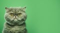 Advertising portrait, banner, serious cute gray color cat looks straight with yellow eyes, isolated on clean green