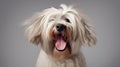 Advertising portrait, banner, smiling hairy white dog, look straight with open mouth, isolated on gray background