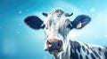 Advertising portrait, banner, white black cow with serious look staring into the camera, isolated on blue background