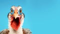Advertising portrait, banner, white and brown turkey with pink and blue accents, looking seriously directly at the