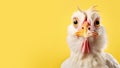 Advertising portrait, banner, white chicken with pink accents, looking seriously straight into the camera, isolated on a