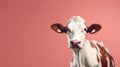 Advertising portrait, banner, white cow with red spots staring into the camera, isolated on red background