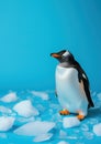 Advertising portrait, banner, white small penguin stands sideways to the camera, snow and ice around, isolated on blue Royalty Free Stock Photo