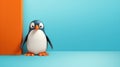 Advertising portrait, banner, young black-white pinguin with in the corner, isolated on blue background