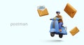 Advertising of postal services. Postman on scooter, flying envelopes