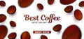 Advertising poster with 3d Vector Coffee Beans in focus blur, foreground and background with calligraphy text and