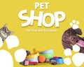 Advertising poster design for pet shop. Cute cat, dog and different accessories on yellow background Royalty Free Stock Photo