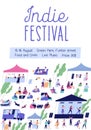 Advertising poster for indie music festival with place for text. Promotional placard for open air event with markets and