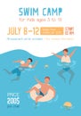 Advertising poster or invitation for children to summer swim camp. Vertical placard with kids swimming and playing in