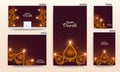 Advertising poster or template set with top view of illuminated oil lamps (Diya) on burgundy background for Shubh (Happy) Diwali