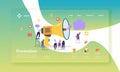 Advertising and Promotion Landing Page Template. Promo Marketing Website Layout with Flat People Characters Megaphone