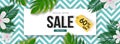 Advertising sale banner or header design with 60% discount offer and tropical leaves, flowers.