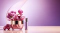 Advertising shot of cosmetics with flowers, presented as a no brand mockup on bright background