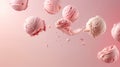 Advertising shot, cream, white, pink ice cream balls, scoops with cream splashes flying on light pink background Royalty Free Stock Photo