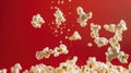 Advertising shot of falling from above peaces of popcorn to the heap, static up shot on neutral red background