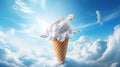 Advertising shot, flying in the clouds ice cream in cone with colorful sugar sprinkles and gelatins