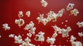 Advertising shot of flying popcorn peaces in the air, close up shot on neutral dark red background