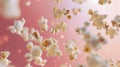 Advertising shot of flying popcorn peaces in the air, close up shot on neutral pink background