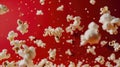Advertising shot of many flying peaces of salted popcorn in the air, close up shot on neutral red background