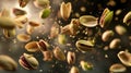 Advertising shot of many peaces toasted ready to eat slightly opened pistachios at the mirrored table, smooth shot