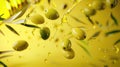 Advertising shot of olives and fresh olive oil drying and flying in the air with olive leaves on solid green background