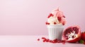 Advertising shot, pink and vanilla ice cream in a cup with pomegranate, isolated on light pink background